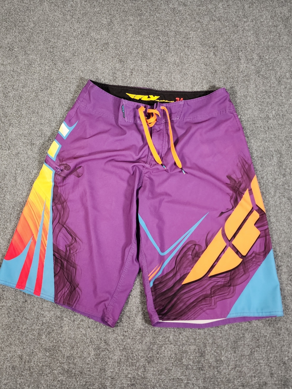 Fly Racing Board Shorts Purple Multicolor Polyester Drawstring Zip Flat Front